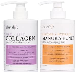 Elastalift Collagen Cream   Manuka Honey Cream Body Lotion & Face Moisturizer Skin Care Bundle For Women & Men | Skin Tightening Collagen Firming Lotion For Crepey Skin, Dry Skin, & Wrinkles, 2PC Set