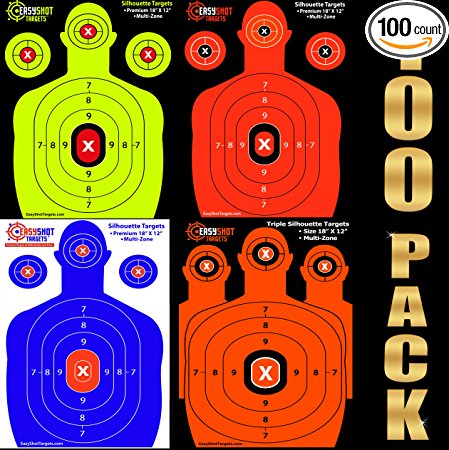 100-PACK SHOOTING TARGETS - 25 Sheets of Each Color Fluorescent Orange, Neon Green, Electric Blue and Hunter Orange. Easy to See Your Shots Land, Heavy-Duty Silhouette Paper Sheets. Low Prices.