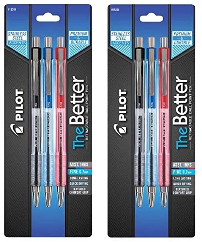 (2) Pilot The Better Retractable Ball Point Pen, Fine Point (0.7mm) Assorted Inks, 3-Pack (15268)