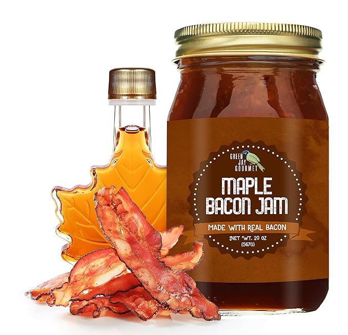 Green Jay Gourmet Maple Bacon Jam - Classic Spread for Burgers, Sandwiches, Toast, Charcuterie - Sweet, Savory Flavoring for Meat, Poultry, Dressing - Zero Trans Fat, No MSG, Gluten-Free - 20 oz Jar