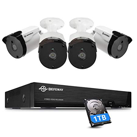 【5MP】 DEFEWAY 4CH Security Camera System, 4 Wired 5.0 Megapixel Waterproof Surveillance Cameras Outdoor/Indoor, 4 Channel 5MP (2.5 X 1080P) CCTV DVR Recorder with 1TB HDD for 7/24 Recording