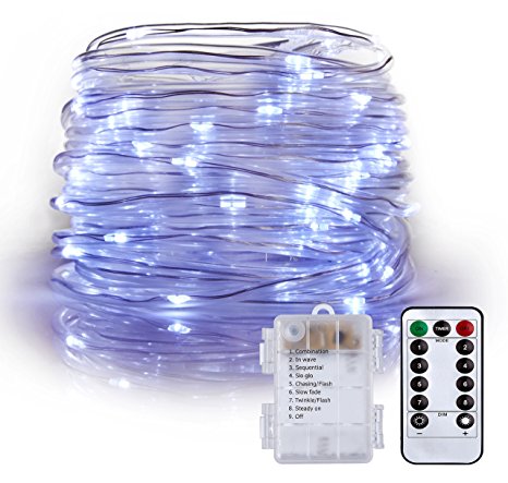 LXS Rope Lights Battery Powered Waterproof 33ft 100 LED with Remote Timer, 8 Modes Dimmable Fairy Lights for Outdoor Indoor Home Garden Patio Party Wedding Christmas Decoration(Cool White)