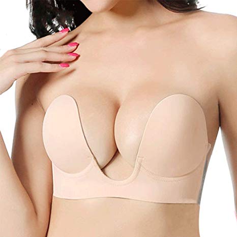 Gelma Invisible Adhesive Bra Backless Strapless Bra for Women Silicone Push Up Deep U Plunge Bra