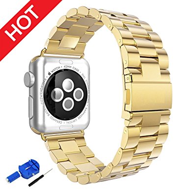 HONEST KIN Apple Watch Series 3 Band, 42mm Stainless Steel Replacement Strap Link Bracelet Metal iWatch Band with Double Button Folding Clasp for Apple Watch Series 3/Series 2/Series 1 42mm (Gold)