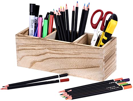 Pencil Organizer for Desk, Wood Pen and Pencil Holder, Adjustable 3 Compartments Desktop Pencil Caddy Organizer, Multiuse Office Stationery Crayon Colored Pencil Cup Organizer