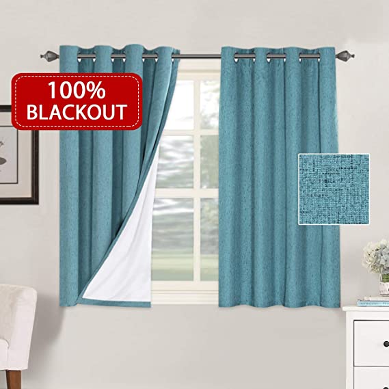 H.VERSAILTEX Thermal Insulated Waterproof 100% Blackout Faux Linen with White Liner Curtains for Bedroom 2 Panels Full Light Blocking Curtains and Drapes Window Treatment (52 x 45- Inch, Teal)