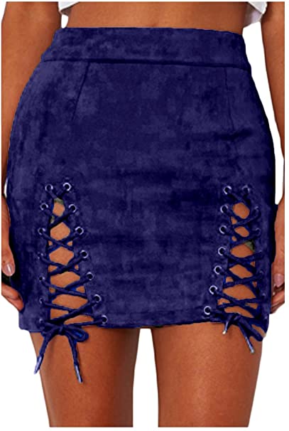 Meyeeka Womens Sexy High Waist Lace Up Bodycon Faux Suede Split Tight Mini Skirt