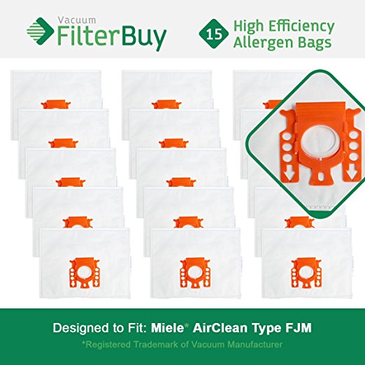 15 FilterBuy Miele FJM Compatible Vacuum Bags, Miele Part # 7291640. Designed by FilterBuy to fit the Miele HyClean FJM Canister Vacuum Cleaner