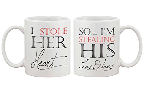 I Stole Her Heart, So I'm Stealing His Last Name Couple Mugs - His and Hers Matching Coffee Mug Cup Set - Perfect Wedding and Engagement Gift for Newlyweds