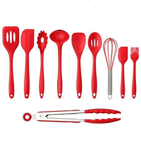 10-Piece Silicone Kitchen Utensils Set - Heat Resistant Premium Home Cooking Tools (Red)