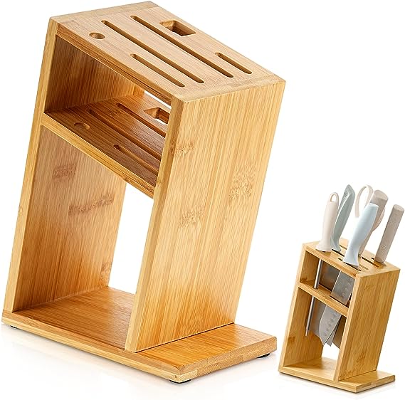 Ideashop Kitchen Knife Block Holder, Bamboo Knife Block Without Knives, 6 Slots, Hollow Ventilation Design, Universal Wood Knife Holder for Kitchen Counter Knife Storage Organizer