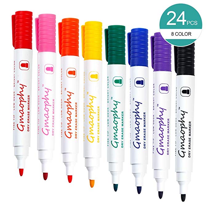 Dry Erase Markers, 24 Pcs 8 Assorted Colors with Low-Odor Ink, Fine Bullet Tip Whiteboard Pens/Dry Erase Markers Set for Glass/Whiteboard/Porcelain/Fridge Whiteboard/Plastic/School/Office