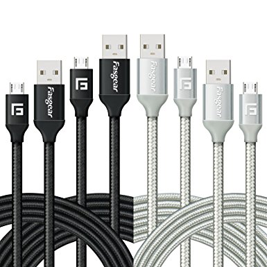 Micro USB Cable, 4 pcs (6ft*2,10ft*2) Fasgear Nylon Braided Tangle-Free Fastest charger date cable with Metal Connectors for Android, Samsung galaxy S7/S7 edge, LG G4, Nexus, and more(Black,Silver)