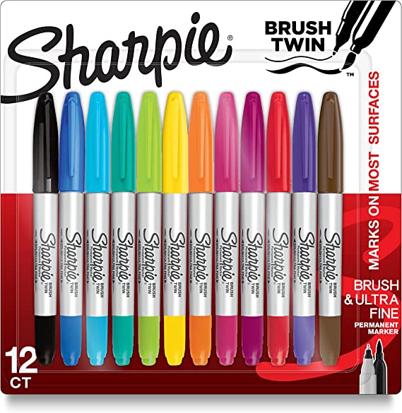 SHARPIE Brush Twin Permanent Markers, Brush Tip Marker and Ultra Fine Tip Marker, Assorted, 12 Count