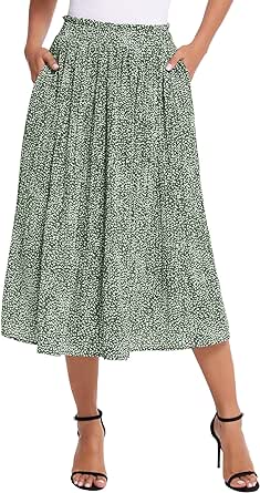 Zeagoo Women's Midi Skirts Elastic High Waist Skirt Polka Dot Casual Pleated Skirt with Pockets