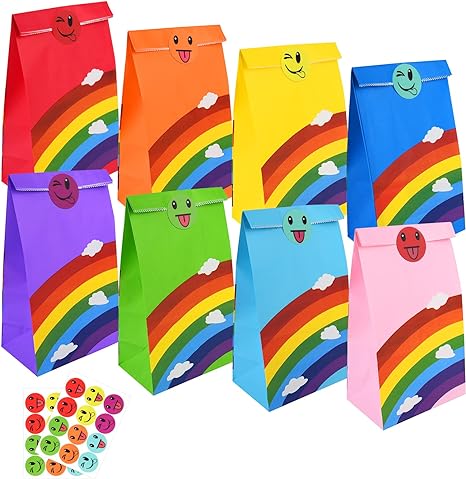 Flintronic - Bolsas Dulces de Regalo, 20 Bolsas Kraft de Papel Arcoíris con Bonitas Pegatinas, para Fiestas Infantiles, Halloween, Navidad（13 * 8 * 24CM)