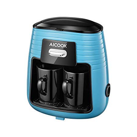 Coffee Machine, Aicook Filter Coffee Maker, Mini 2 Cup Coffee Maker, Travel Tea Maker with 2 Ceramic Cups, Anti-Drip System and Permanent Reusable Filter, Black/Blue