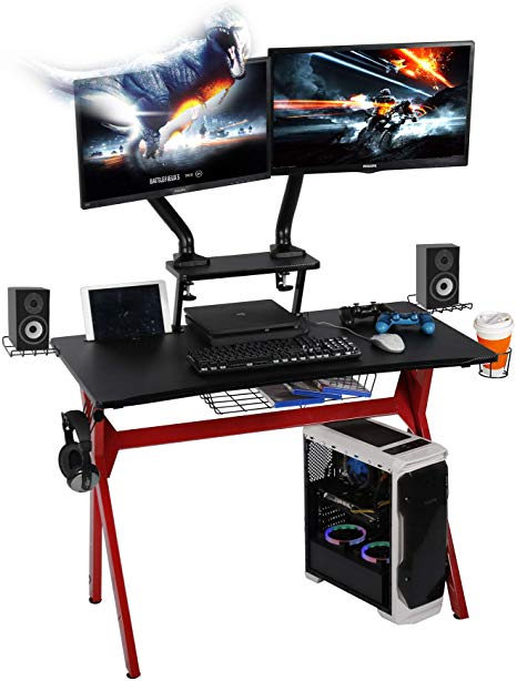 lazzo 41" Computer Gaming Desk,PC Game Table,41"x23.6"(WXD),Includes Removable Monitor Stand,Cup Holder,Wire Storage Ring,Headphone Hook,Speaker Stand,Gamer Workstation for Home & Office, Red