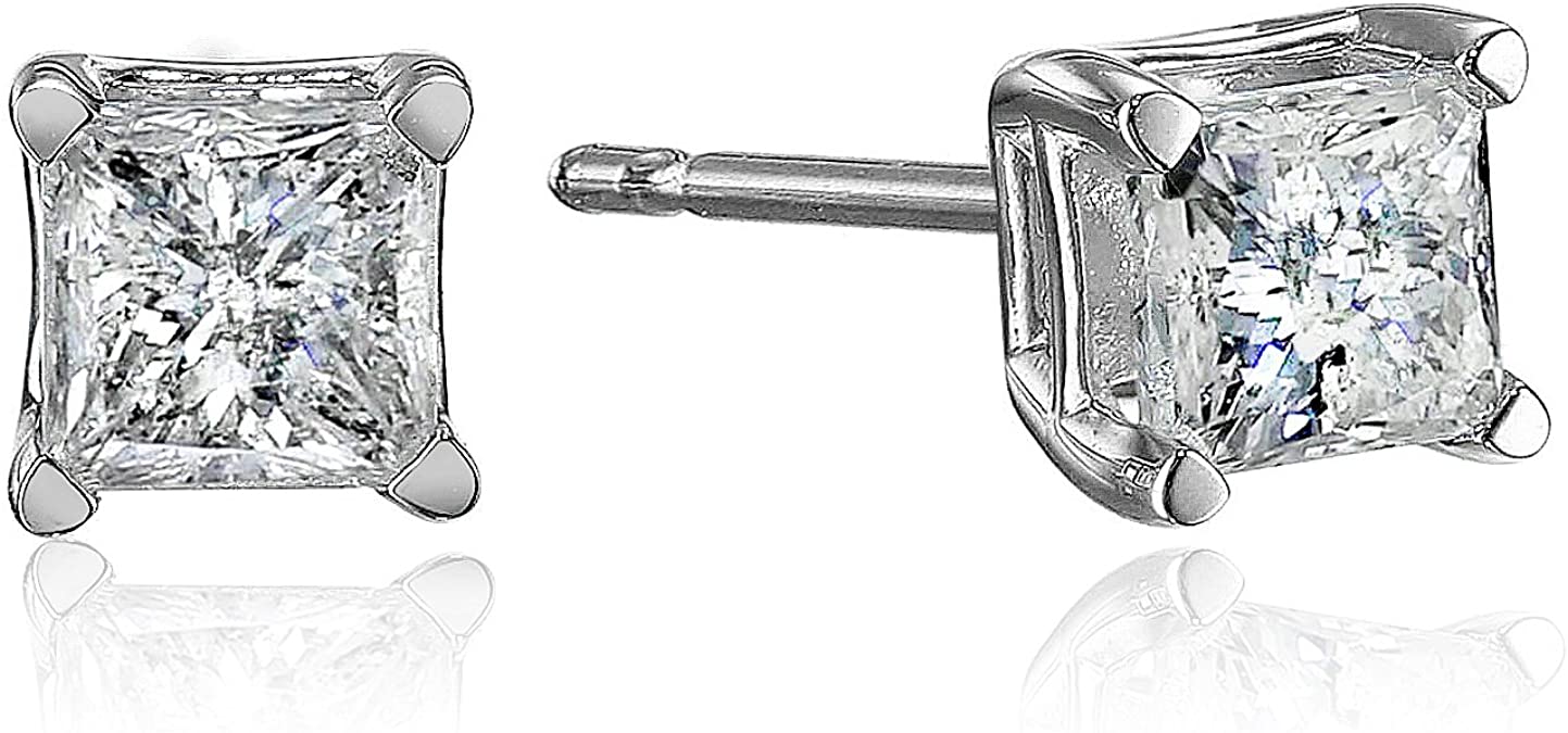 10k White Gold Princess Diamond Stud Earrings (J-K Color, I2-I3 Clarity)