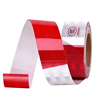 Annurssy Red & White Waterproof Reflective Tape Self-Adhesive 2 Inch x 135 Feet Hazard Warning Safety Tape High Strength for Car, Truck, Tailer, Outdoor