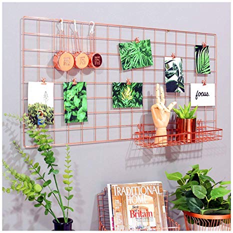 Simmer Stone Rose Gold Wall Grid Panel for Photo Hanging Display and Wall Decoration Organizer, Multi-Functional Wall Storage Display Grid, 5 Clips and 4 Nails Offered, Set of 1, Size 37.4" x 17.7"
