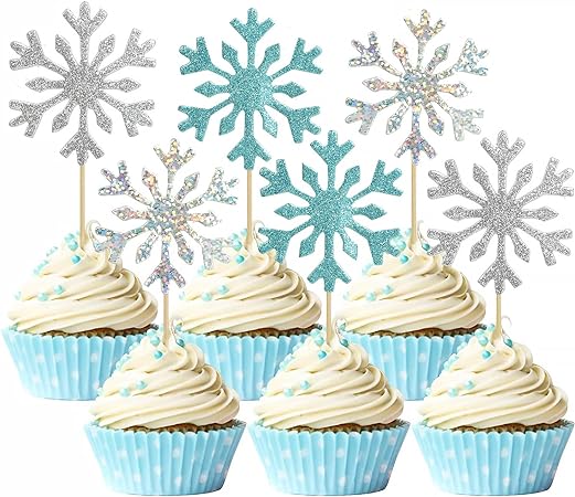 CCINEE 50pcs Glitter Snowflake Cupcake Topper,Christmas Snowflake Cupcake Toppers Picks for Christmas Frozen Cake Decorations Birthday Wedding Winter Party Cake Decorations Ornaments