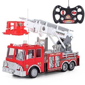 Prextex 13'' Rescue R/c Fire Engine Truck Remote Control Fire Truck Best Gift Toy for Boys with Lights Siren and Extending Ladder