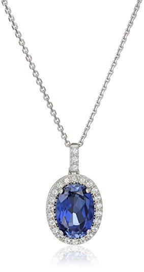 Rhodium Plated Sterling Silver Oval Created Blue Sapphire 9x13mm and Round Created White Sapphire Halo Pendant Necklace, 18"