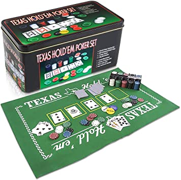 Gamie Texas Holdem Poker Game Set - Includes Hold’em Mat, 2 Card Decks, Chips, Chip Holder and Tin Storage Box - Fun Game Night Supplies - Cool Casino Gift for Kids and Adults