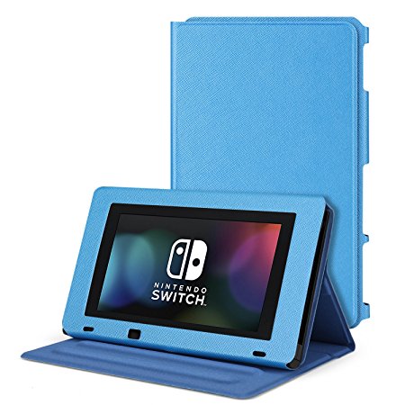 TNP Nintendo Switch Protective Case Portable Play Stand - Adjustable Desktop Flip Multi-Angled View Stand Cover Holder w/ Premium PU Leather Skin Slim Fit For Switch Console Tablet (Blue)