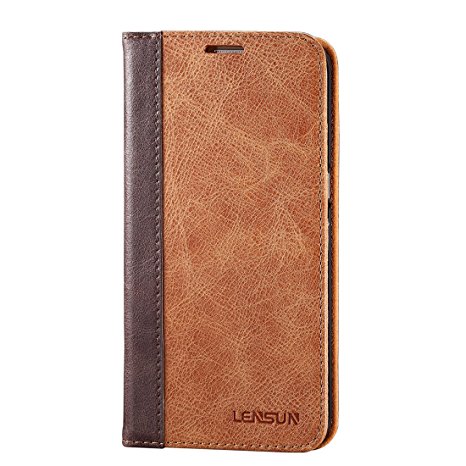 Galaxy S7 Edge Case, Lensun [GENUINE COWHIDE LEATHER] Premium Stand Wallet Case in Ultra Slim Style , Flip Cover Folio Case for Galaxy S7 Edge 5.5" - (Light-brown)