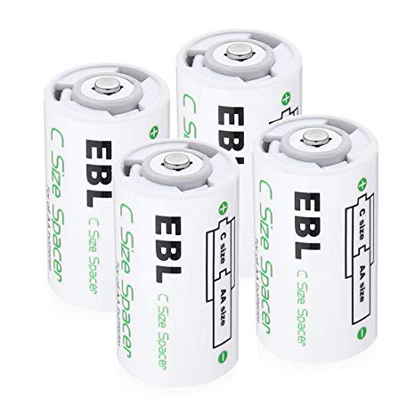 EBL C Size Rechargeable NiMH 2300mAh Batteries (4 Counts) Composed by AA to C Size Battery Spacer and Rechargeable AA 2300mAh Batteries