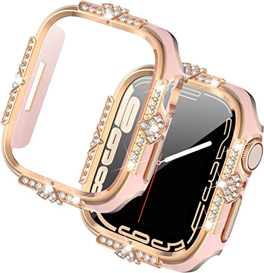 Falandi 40mm Compatible with Apple Watch Case SE/Series 7/6/5/4 Rhinestones with Built-in Glass Screen Protector 40/44/41/45mm Bumper Diamond iWatch Protective Cover for Women Girl (Pink/Rose Gold)