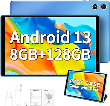 TECLAST 10 Inch Android 13 Tablet, P26T Tablets 8GB RAM 128GB ROM 1TB TF, WiFi 5G/2.4G, Octa core, 1280 * 800 HD Touch Screen, BT 5.2, Google GMS, 6000mAh, Dual Camera, OTG, Type C, with Case