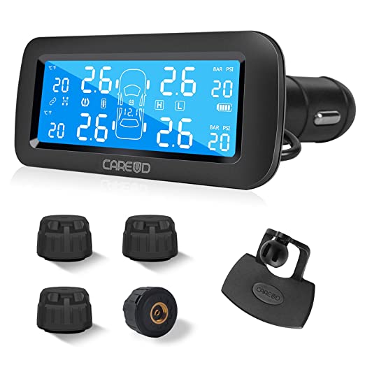 Careud Wireless Tire Pressure Monitoring System for Rv,TPMS with 4 External Wateproof Sensors(0-199psi / 0-18.0bar),6 Alarm Modes & Tire Pressure Real Time Monitoring (Cigarette Lighter Plug)