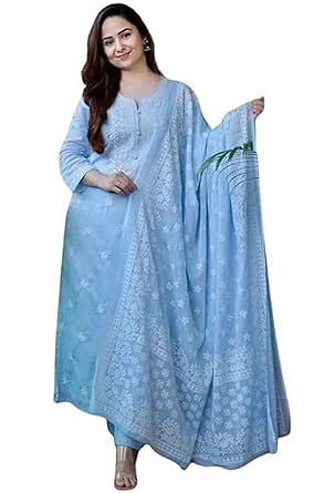 Artsy Fashion Women's Cotton Sulb 3/4 Sleeves Embroidered Work Kurti with Matching Pant & Embroidered Dupatta Set