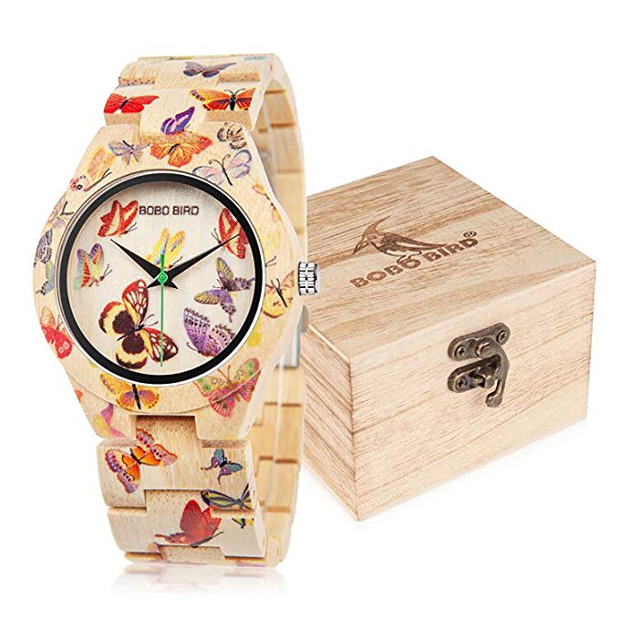 BOBO BIRD Women's Bamboo Watch Butterfly Engraved Handmade Wooden Casual Watches