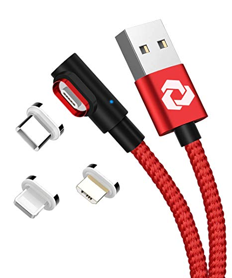 USB Type C Magnetic Charger Cable, Fast Charging and Data Sync with LED, Nylon Braided, 3 in 1 Pack Pocket Widgets Cable Compatible with iPhone, Samsung Galaxy and USB-C and Micro Devices(Red, 3.3ft)