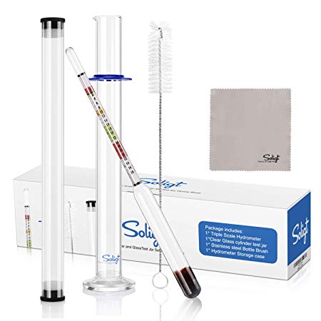 Hydrometer and Glass Test Tube Set for Wine, Beer, Mead, Cider & Kombucha - Alcohol Triple Scale Hydrometer, 175ml Clear Test Jar, Brewers Bottle Brush