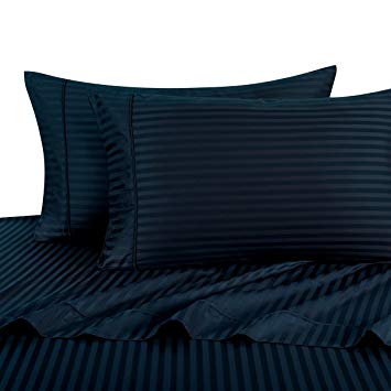 Exquisitely Lavish Sateen Stripe Weave Bedding by Pure Linens, 300 Thread Count 100-Percent Plush Cotton, 5 Piece Split King (Adjustable Bed) Size Deep Pocket Hemmed Sheet Set, Navy