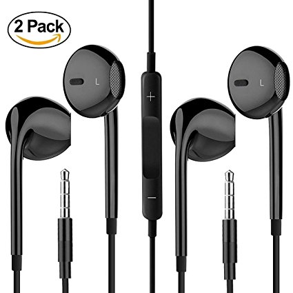 2-PACK Premium Earphones/Earbuds/Headphones with Stereo Mic&Remote Control for ConiPop iPhone iPad iPod Samsung Galaxy and More Android Smartphones Compatible With 3.5 mm Headphone Black