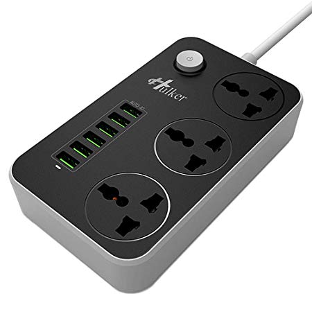 Power Strips with USB Ports 3 Way Outlets 6 USB Ports Surge Protection Power Strip Universal Power Socket with 6ft Bold Extension Cord with Fuse and Shutter Extension Lead (Black Gray,US Plug)