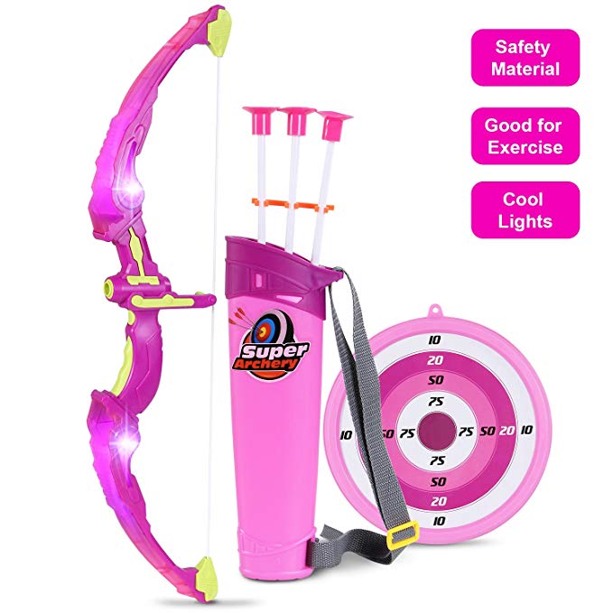 SGILE Bow and Arrow Set for Kids - Archery Toy with Arrows, Target Stand and Quiver and LED Light Functions - Fun, Safe Indoor and Outdoor Games-Basic Hunting Series Gift Set for Girls, Pink