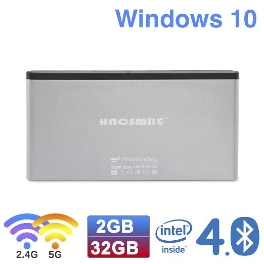 HNCSMILE C80 Wintel Mini PC Pocket Mini Computer Intel Compute Stick Atom BayTrail CR,Z3735F Quad-core CPU with Windows 10 Ram 2GB EMMC 32GB Bluetooth 4.0 2.4G 5G Dual Band WiFi