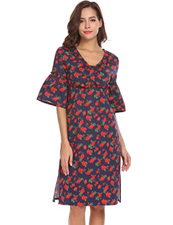 FineFolk Women V-Neck Casual Floral Printing Ruffles Flare Sleeve Side Split High Waist Belted Midi Dress