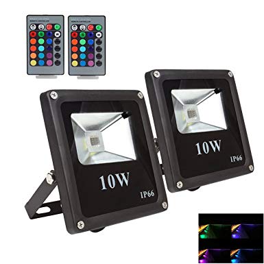 2 PACK，RGB Flood Light Spotlight- Outdoor 10W 16Color Changing Party Light/LED Spotlight/Landscape Lamp/Outdoor Security Light With[ Memory Function], [US 3 prong plug] and [Remote Controller]