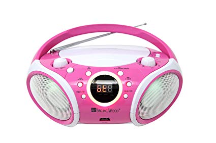 SINGING WOOD, CD Player Boombox CD/CDRW/CD-MP3, Portable/w Bluetooth, USB, AM/FM Radio, AUX-Input, Headset Jack, Foldable Carrying Handle and LED Light (Kitty Pink)
