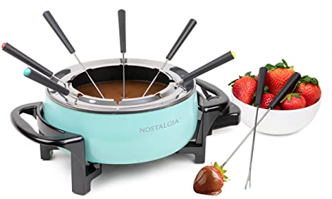 Nostalgia FPS6AQ 6-Cup Electric Fondue Pot with Adjustable Temperature Control 8 Color-Coded Forks, Cool-Touch Handles, Perfect for Chocolate, Cheese, Caramel, Aqua