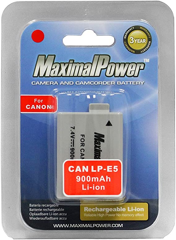 MaximalPower Replacement Li-ion Battery for Canon LP-E5 Camera Batteries - 7.4V 1500mAh Fully Decoded Non-OEM Battery for Digital Cameras