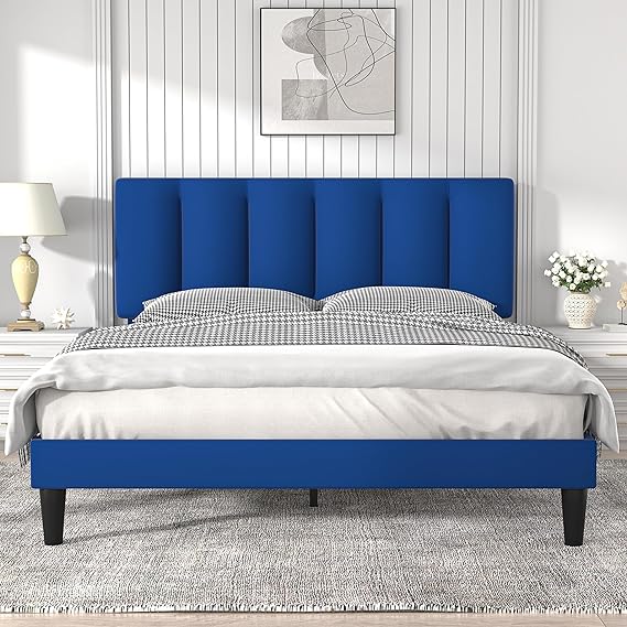 VECELO Queen Size Bed Frame, Upholstered Platform Bedframe, Adjustable Headboard, Wood Slat Support, No Box Spring Needed, Easy Assembly, Dark Blue